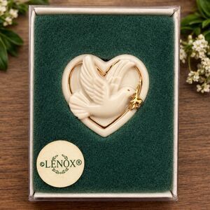 VTG Lenox Porcelain Heart Peace Dove Olive Branch BIRD 24K Gold Trim Brooch